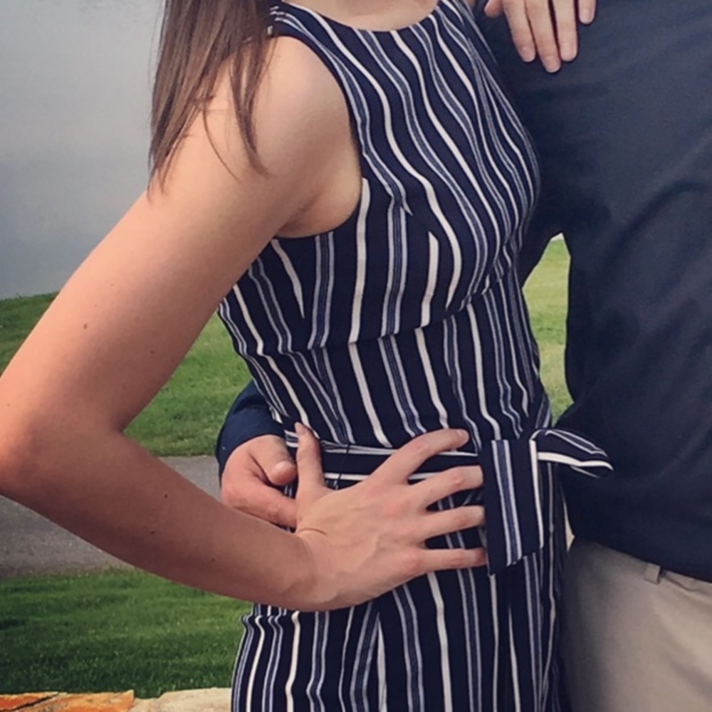 Tahari blue and white striped jumpsuit